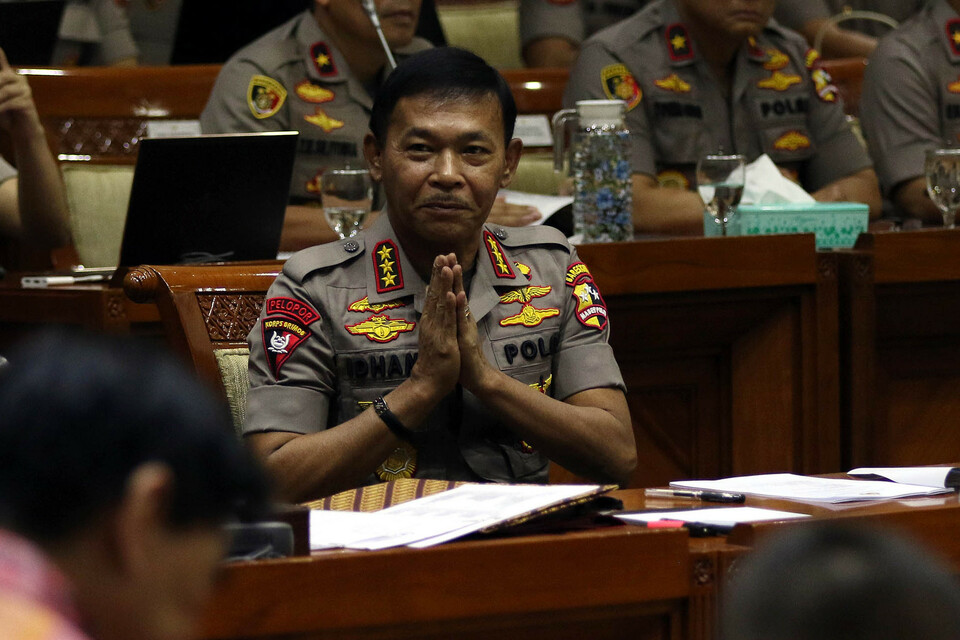 Idham Azis attends a hearing with the House of Representatives for his nomination as the national police chief at the national legislature building in South Jakarta on Wednesday. (SP Photo/Ruht Semiyono)
