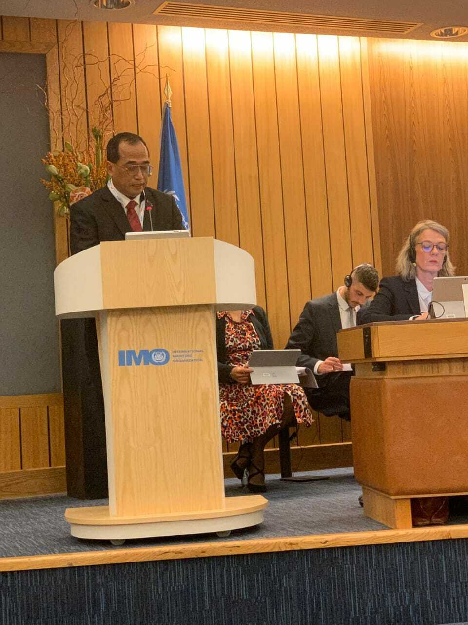 Transportation Minister Budi Karya Sumadi speaks at the 31st plenary meeting of the International Maritime Organization (IMO) in London on Tuesday. (Photo courtesy of the Transportation Ministry)