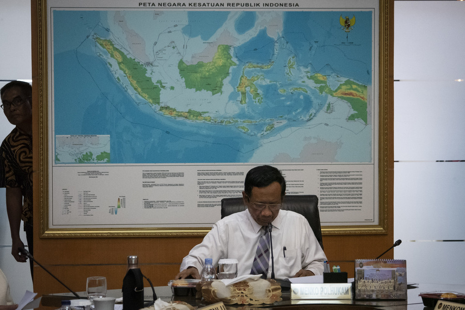 Coordinating Minister for Political, Legal and Security Affairs Mahfud M.D. at his office in Jakarta. (Antara Photo/Dhemas Reviyanto)