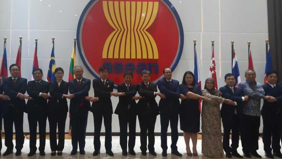 Japanese Foreign Minister Toshimitsu Motegi visits the Asean Secretariat in South Jakarta on Friday. (JG Photo/Jayanty Nada Shofa)