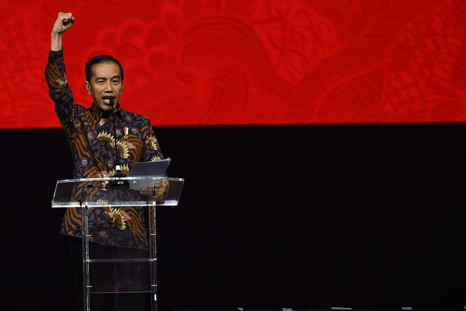 President Joko 'Jokowi' Widodo delivers the opening speech at the Indonesian Democratic Party of Struggle's (PDI-P) 47th anniversary commemoration in Jakarta on Friday. (Antara Photo/Aditya Pradana Putra).
