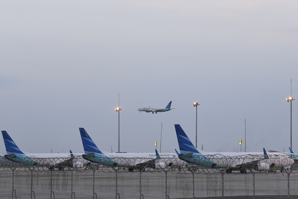 Grounded Garuda Indonesia planes at Soekarno-Hatta International Airport in Tangerang, Banten. (Antara Photo/Puspa Perwitasari)