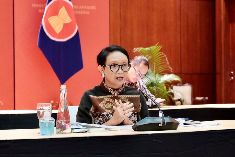 Foreign Minister Retno Marsudi during a press teleconference in Jakarta on Thursday. (Photo courtesy of the Foreign Affairs Ministry)
