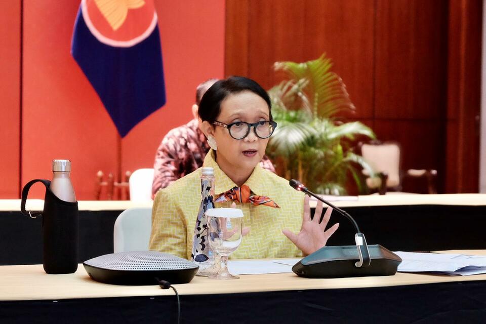 Foreign Minister Retno Marsudi speaks during an online press conference in Jakarta on Friday. (Photo courtesy of the Foreign Affairs Ministry)