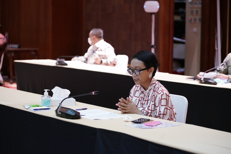 Foreign Minister Retno Marsudi speaks during an online press conference in Jakarta on Wednesday. (Photo courtesy of Foreign Affairs Ministry)