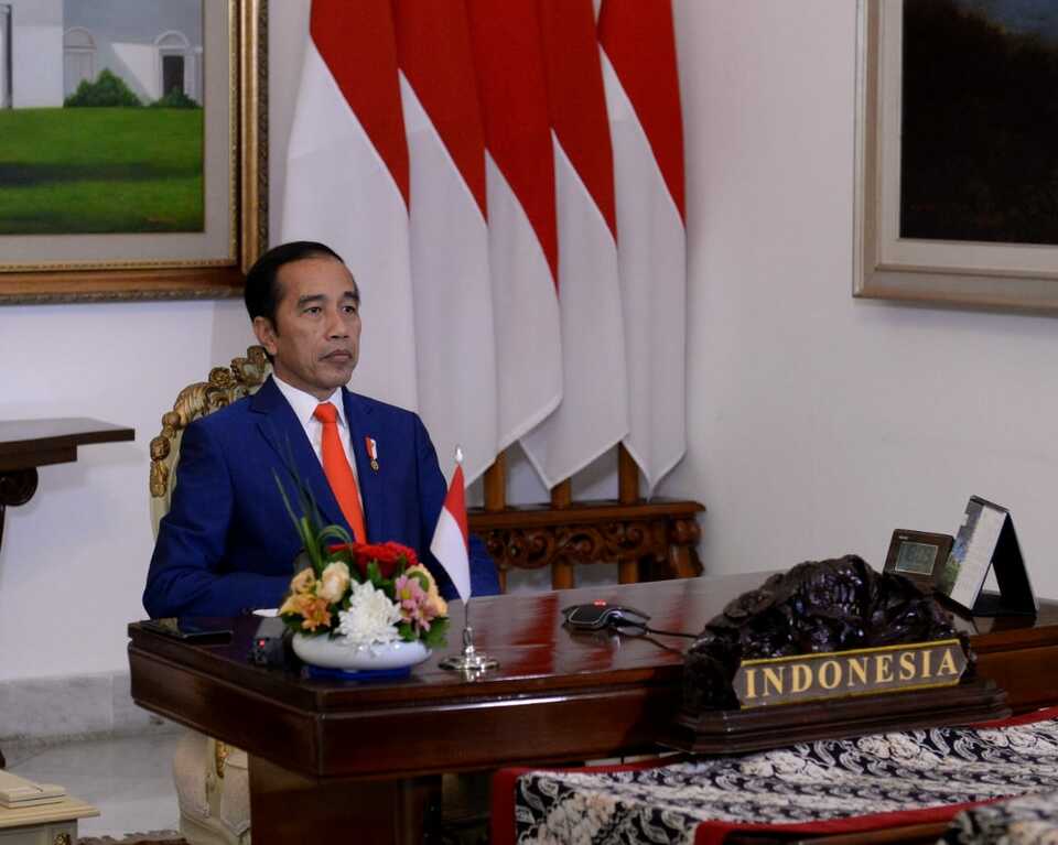 President Joko Widodo attends the Non-Aligned Movement virtual summit from the Bogor State Palace on Tuesday. (Photo courtesy of the Presidential Press Bureau)