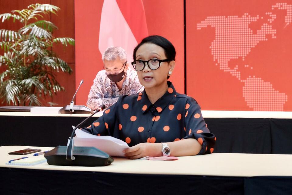 Foreign Minister Retno Marsudi speaking at the virtual press briefing on Sunday. (Photo courtesy of the Ministry of Foreign Affairs)