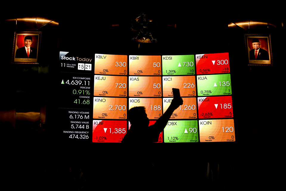 A man takes a selfie in front of monitors showing share prices at Indonesia Stock Exchange building in Jakarta last Monday. 
(Antara Photo/Muhammad Adimaja)