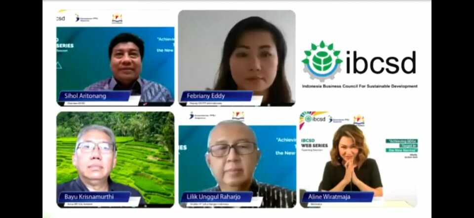 The speakers at the webinar titled "Achieving SDG Targets in the New Normal Era" held by the Indonesia Business Council for Sustainable Development (IBCSD) on Thursday. (JG Screenshot)