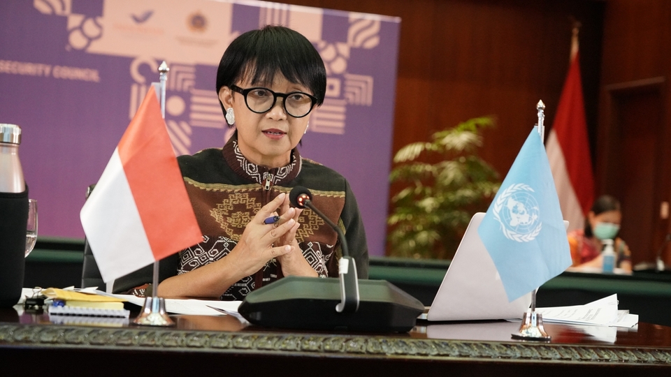             Foreign Minister Retno Marsudi chairs UN Security virtual debate on “sustaining peace in the post-pandemic world” on August 12, 2020. (Photo courtesy of the Foreign Affairs Ministry)                   