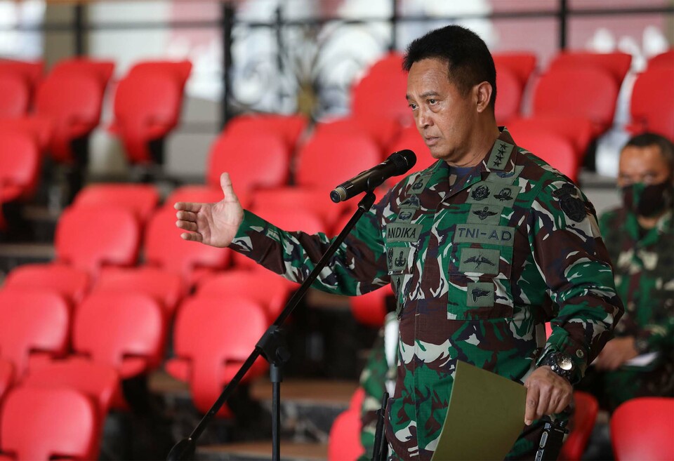 Army Chief of Staff General Andika Perkasa, speaks in a press conference at the army headquarters in Central Jakarta on August 30, 2020. He offers an apology for an attack at a police station in East Jakarta by soldiers. (Beritasatu Photo/Joanito De Saojoao)