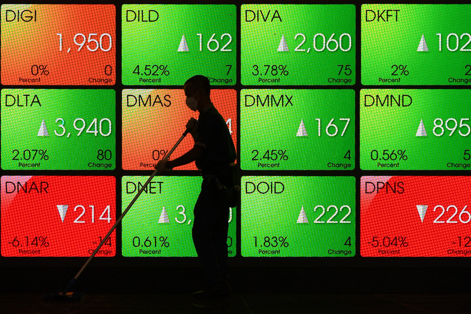 A cleaning worker passes in front of the screen showing stock prices at the Indonesia Stock Exchange in Jakarta last month. (Antara Photo/Puspa Perwitasari)