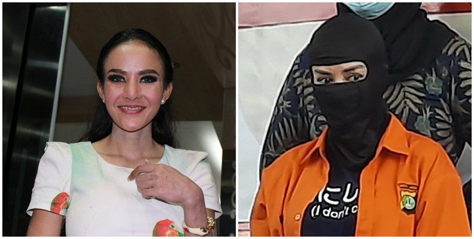 Cynthiara Alona on a file photo taken on Jan. 30, 2015, left, and when she becomes a criminal suspect at the Jakarta Police headquarters on March 18, 2021. (Beritasatu Photo)
