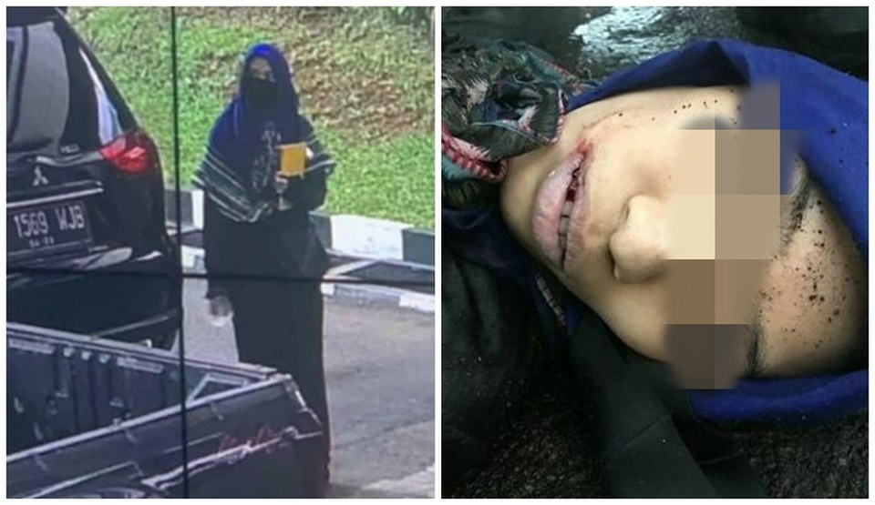 Left: Zakiah Aini arrives at the National Police headquarters in South Jakarta on March 31, 2021, Right: the woman dies after a shootout with police. (Photo courtesy of the National Police)