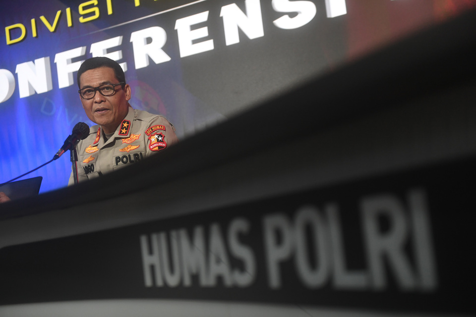 Insp. Gen Argo Yuwono, the National Police's spokesman, speaks during a press conference on March 28, 2021. (Antara Photo/Akbar Nugroho Gumay)
