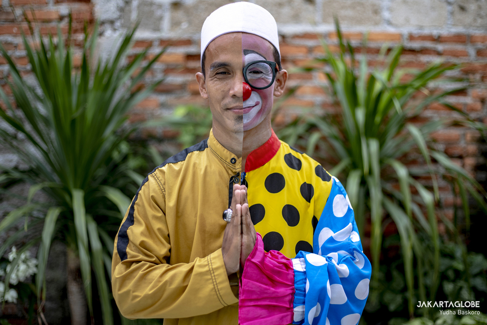 This composite image shows religious teacher Yahya Edward Hendrawan, 39, posing for the Jakarta Globe in his daily attires and clown costume at his home in Tangerang, Banten on April 30, 2021. (JG Photo/Yudha Baskoro)