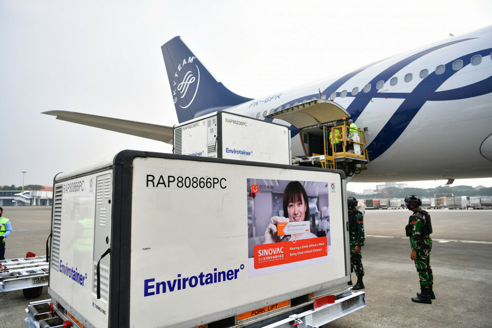 Indonesia receives a shipment of 10 million Sinovac bulk vaccines at Soekarno-Hatta Airport in Tangerang on June 20, 2021. (Photo Courtesy of Communication and Information Technology Ministry)