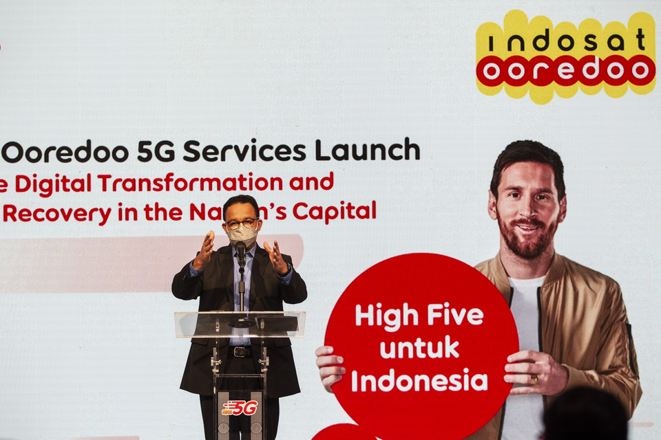 Jakarta Governor Anies Baswedan gives a speech during Indosat's 5G launch event in the capital on Aug 28, 2021. (Antara Photo/Dhemas Reviyanto)