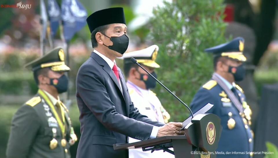 President Joko "Jokowi" Widodo delivers his speect at the TNI 76th Anniversary ceremony at the Merdeka Palace in Jakarta on October 5, 2021. (JG Screenshot)