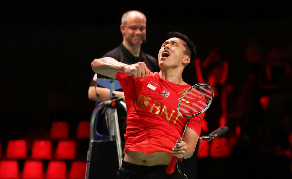 Indonesian badminton player Jonatan Christie reacts after winning the deciding match in the Thomas Cup final against China at Ceres Arena, Aarhus, Denmark, October 17, 2021. (Photo courtesy of Badminton World Federation)