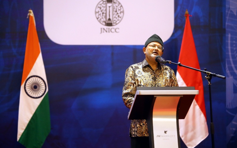Indian Ambassador to Indonesia Manoj Kumar Bharti speaks during a gathering in Jakarta, Nov. 30, 2021. (JG Photo/Mohammad Defrizal)