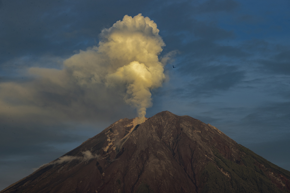In this photo dated Dec. 7, 2021, Mount Semeru in Lumajang, East Java, spews thick smoke and hot ashes. (JG Photo)