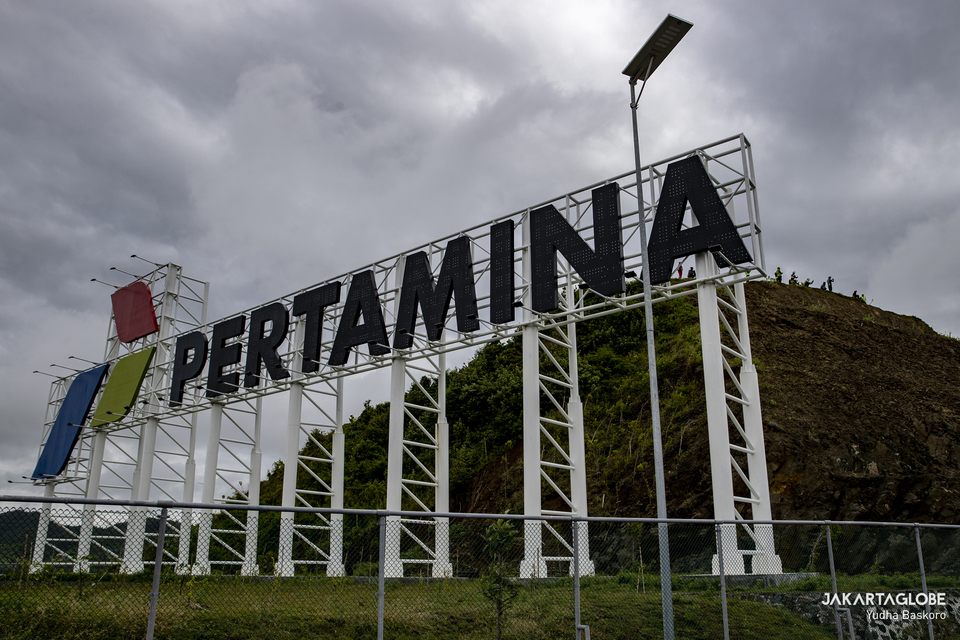 Pertamina logo is displayed at the Mandalika International Circuit in Lombok, West Nusa Tenggara, February 11, 2022. (JG Photo)