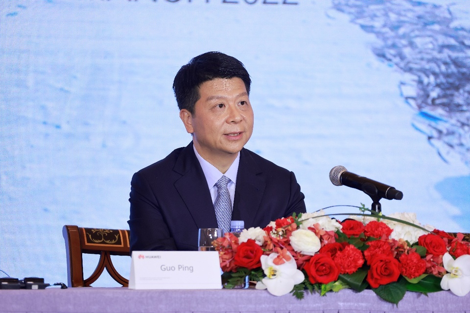 Huawei rotating chairman Guo Ping speaks at the company’s 2021 annual report conference on March 28, 2022. (Photo Courtesy of Huawei)
