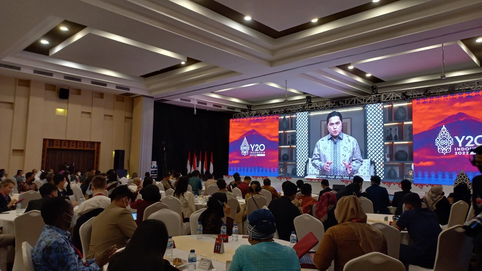 State-Owned Enterprise Minister Erick Thohir gives his remarks virtually at the Y20 Indonesia 2022 Second Pre-Summit in Lombok, West Nusa Tenggara. (Photo Courtesy of Y20 Indonesia)