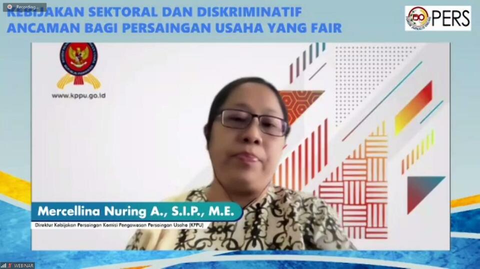 Mercellina Nuring, the competition policy director at The Business Competition Supervisory Commission (KPPU), speaks at the "Sectoral and Discriminatory Policies: A Threat to a Fair Competition" on May 25, 2022. 