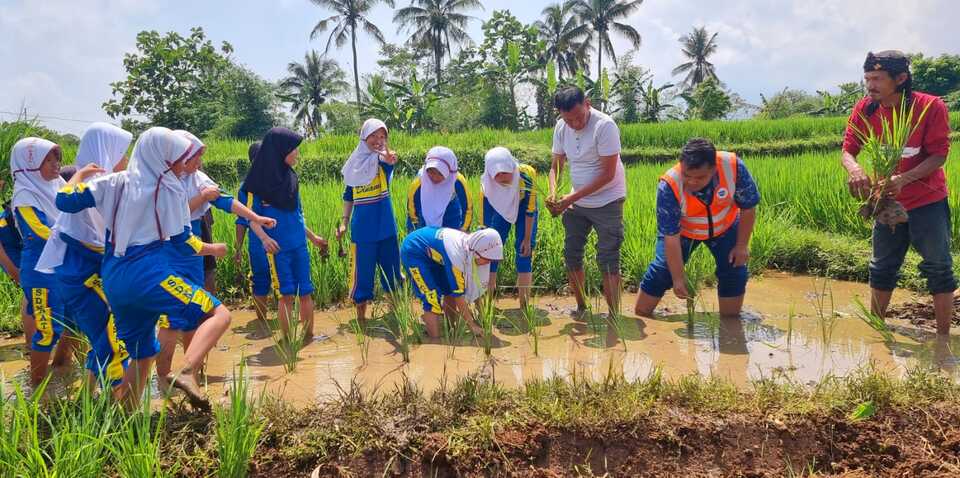  A group of fifth graders, who go to the elementary school SDN 2 Cisaat in Sukabumi, goes on a school trip to Kampung Papisangan to learn more about eco-friendly farming on mid-September, 2022. (Photo Courtesy of Danone Indonesia)