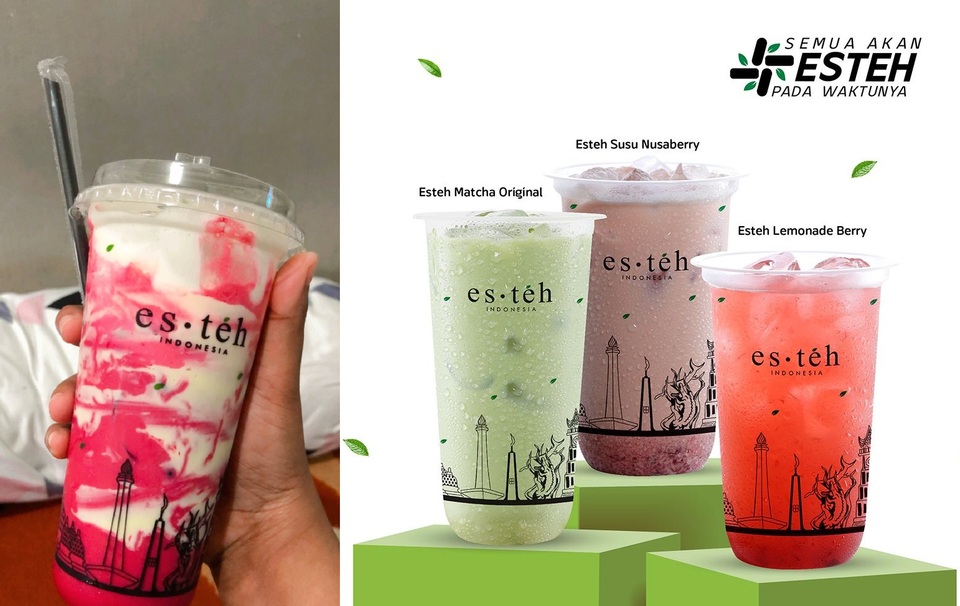The photomontage of an Es Teh Indonesia drink posted by Twitter user @ta_huill,  left, and product advertisement by the company. 