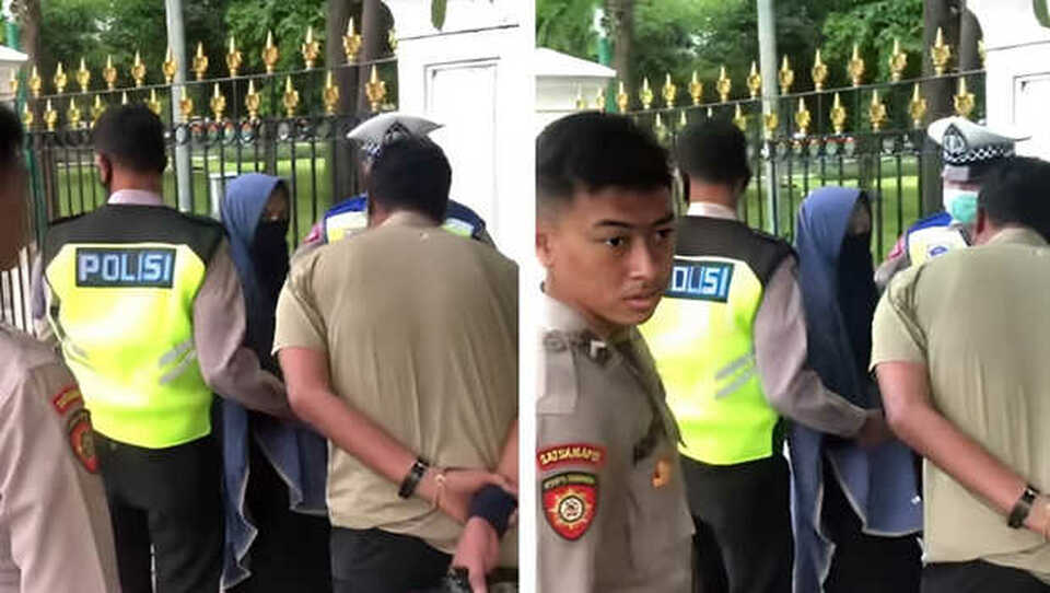 Siti Elina is arrested at the gate of the State Palace for allegedly pointing a gun at security guards on October 25, 2025. (Beritasatu)