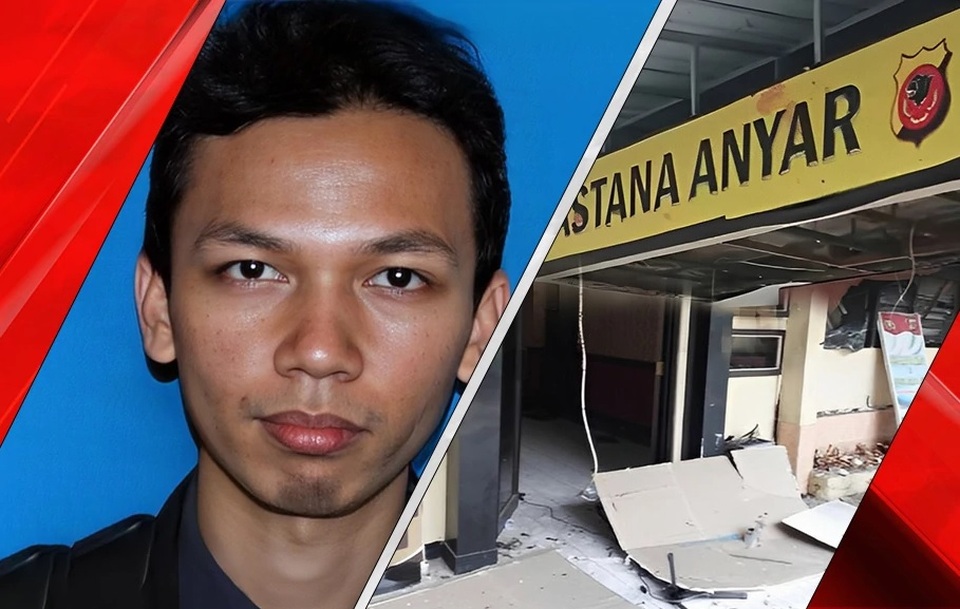 A photo montage of suicide bomber Agus Sujatno and the scene at Astana Anyar police station in Bandung after the explosion on December 7, 2022. (BeritaSatu)