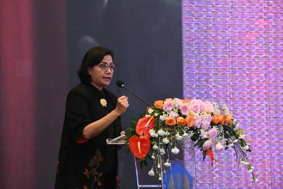 Finance Minister Sri Mulyani Indrawati delivers a speech in the photo posted on her Facebook account on December 24, 2022.