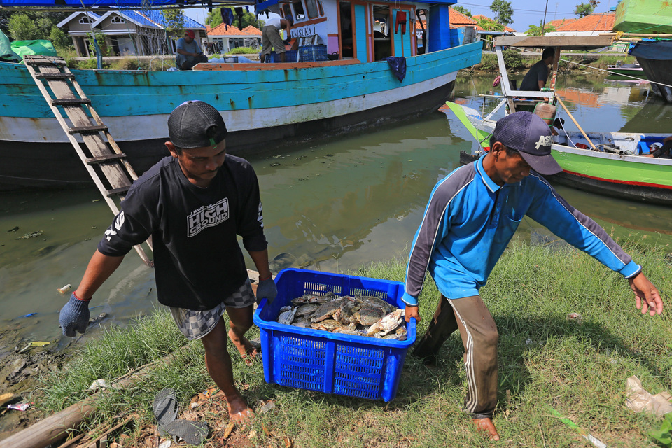 A couple of fishermen carry their caught blue swimmer crabs in Karongsong, Indramayu, on Dec. 17, 2022. (Antara Photo/Dedhez Anggara)