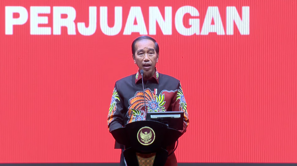President Joko "Jokowi" Widodo gives his remarks at the ruling Indonesian Democratic Party of Struggle (PDI-P) 50th anniversary forum in Jakarta on Jan. 10, 2023. (JG Screenshot)