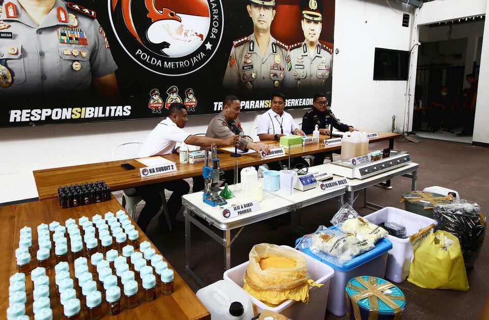 Meth-infused vape liquid shown as evidence at the Jakarta Metropolitan  police station on Jan. 16, 2023. The police and the Soekarno-Hatta Airport Customs Office has uncovered a home industry for meth-laced e-liquid in West Jakarta. (B Universe Photo / Joanito De Saojoao)
