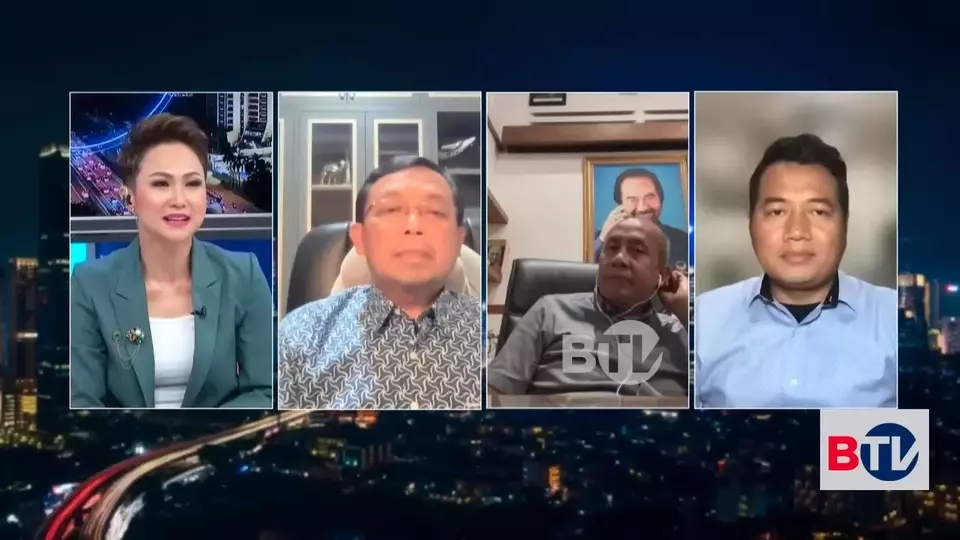 From left: BTV host Fristian Griec, Democratic Party executive Herman Khaeron, National Democratic Party (Nasdem) politician Saan Mustopa, and political analyst Adi Prayitno appear in a talk show on January 27, 2023. (Videography)