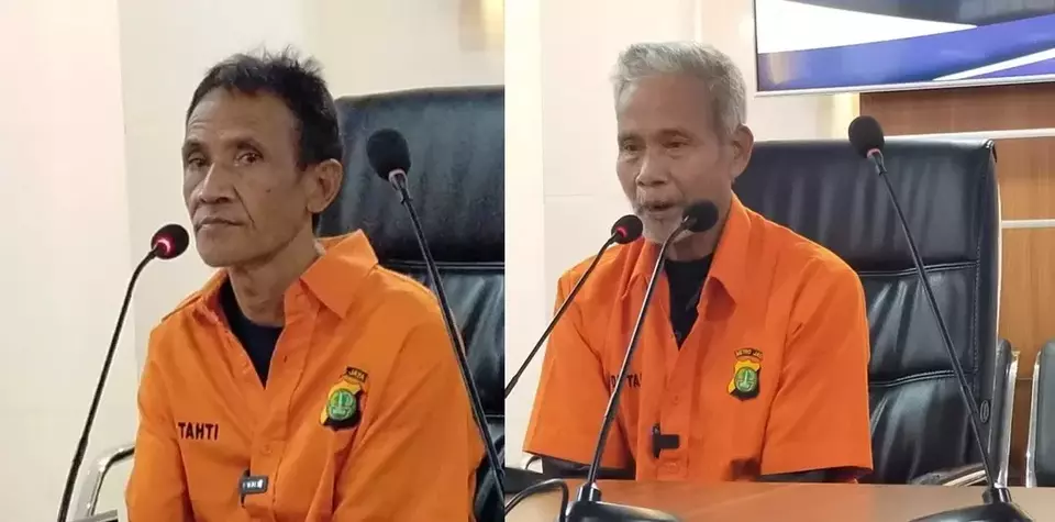 A photo montage of suspected serial killers Wowon Erawan, left, and Solihin aka Duloh, seen here during a news conference by the Jakarta Police on February 2, 2023. (B-Universe Photo)