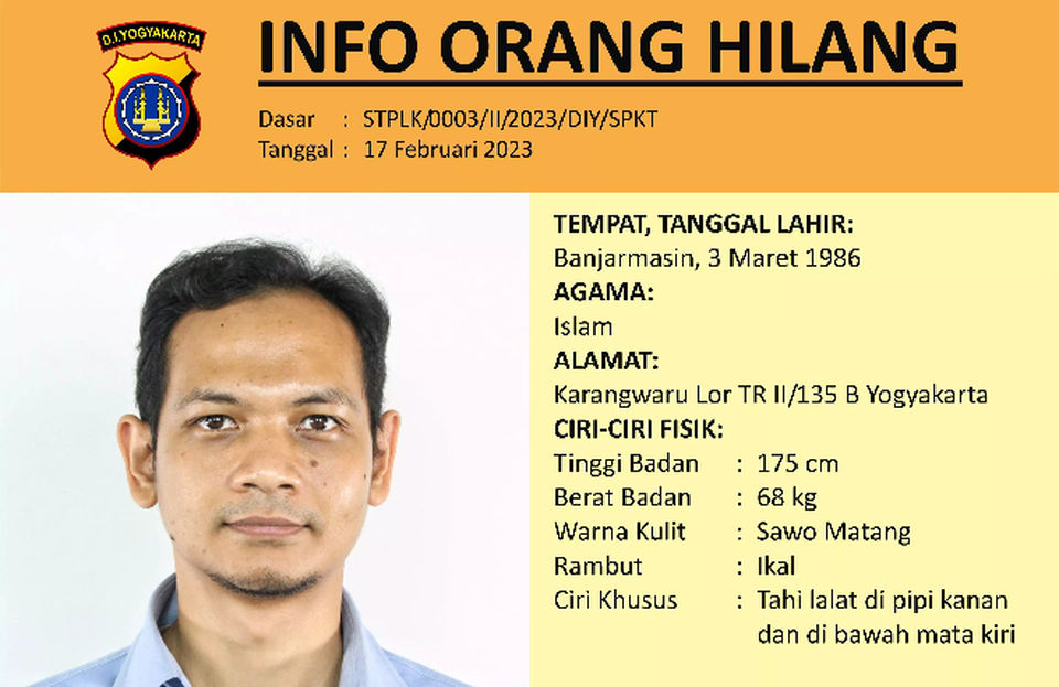 Yogyakarta Police issued a missing person poster for Ahmad Munasir Rafie Pratama, a lecturer at the Universitas Islam Indonesia (UII). (Photo Courtesy of Yogyakarta Police) 