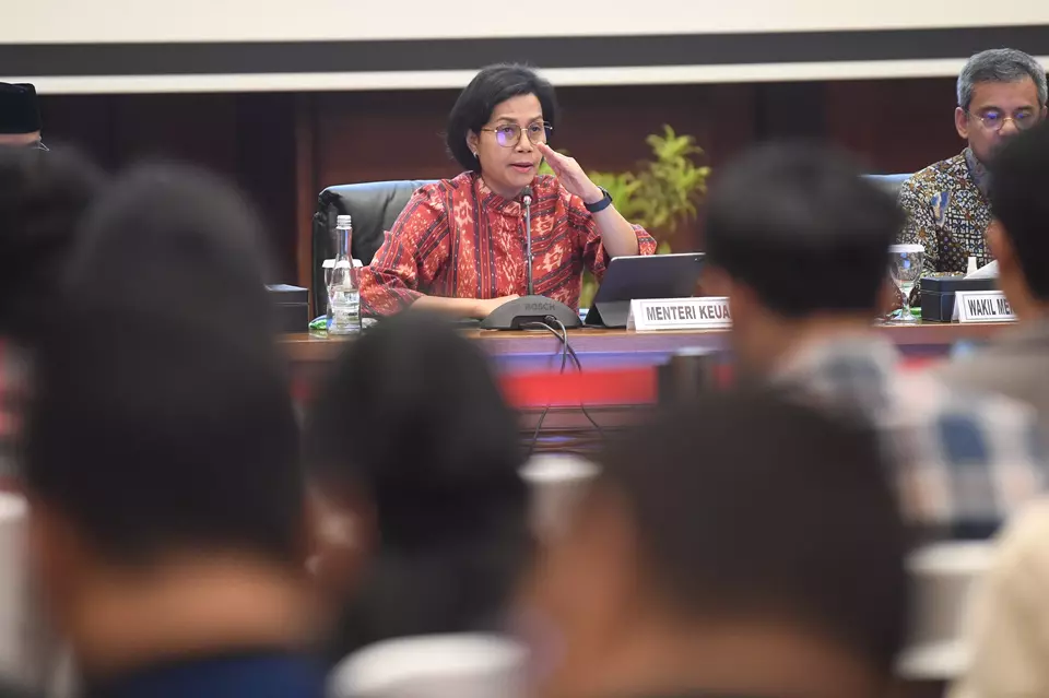 Finance Minister Sri Mulyani gives a press statement on state budget in Jakarta on March 14, 2023. (Antara Photo/Akbar Nugroho Gumay)