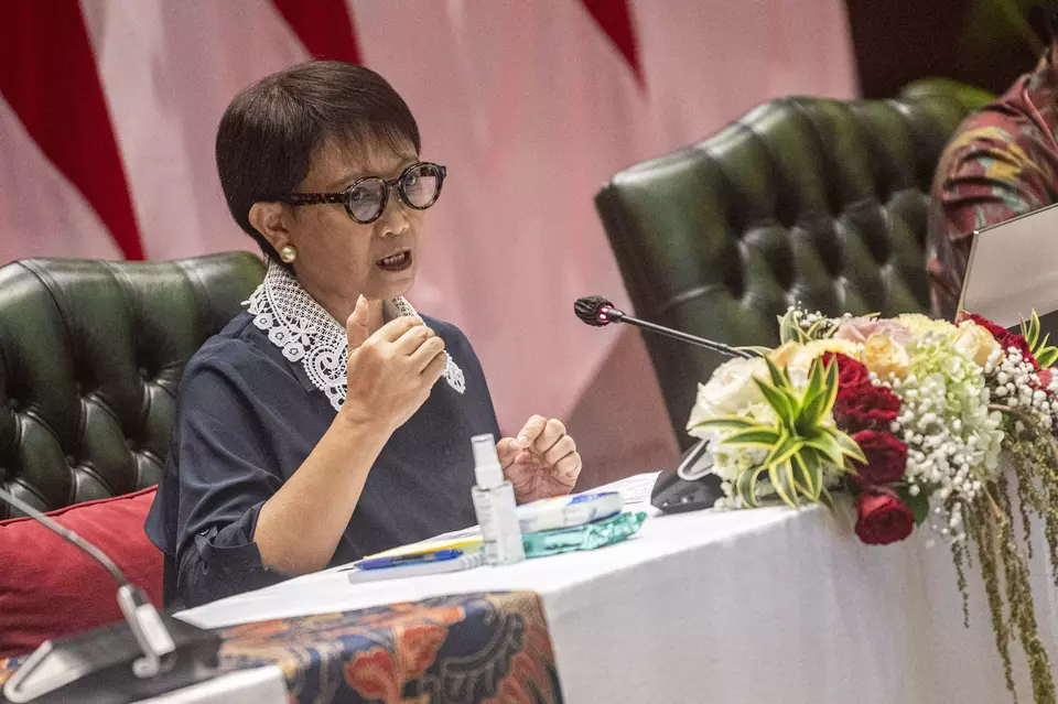 Foreign Affairs Minister Retno Marsudi speaks at a press conference on Indonesia's ASEAN Chairmanship in Jakarta on April 5, 2023. (Antara Photo/Aprillio Akbar)