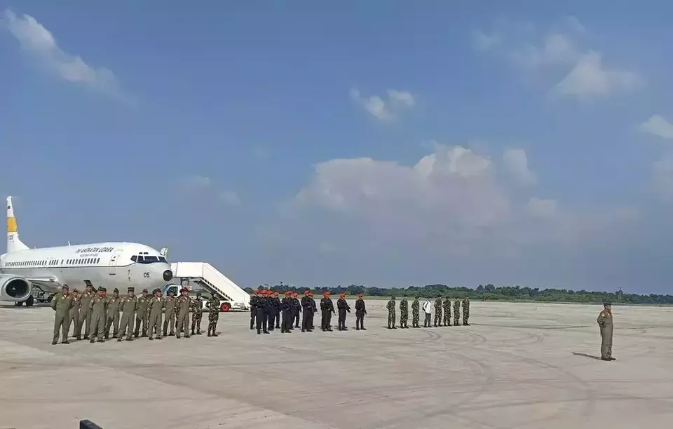 Military personnel are gathered at Halim Perdanakusuma Airport in East Jakarta on April 24, 2023, before being flown to war-torn Sudan to evacuate Indonesian citizens. (Pudja Lestari)