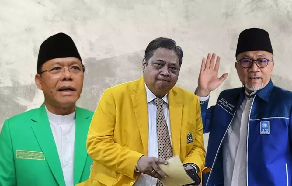 From left: United Development Party (PPP) Chairman Muhamad Mardiono, Golkar Party Chairman Airlangga Hartarto, and National Mandate Party (PAN) Chairman Zulkifli Hasan who group in the so-called United Indonesia Coalition (KIB). (Beritasatu Photo) 