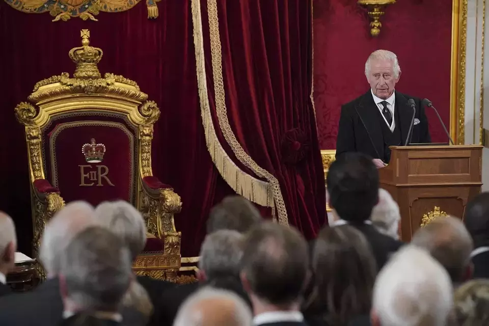 King Charles III speaks during the Accession Council at St James's Palace, London, Sept. 10, 2022, where he is formally proclaimed monarch. Charles automatically ascended to the throne when Elizabeth died Sept. 8 and he was officially proclaimed Britain's monarch two days later in an ascension ceremony broadcast for the first time on television. (Jonathan Brady/Pool Photo via AP, File)