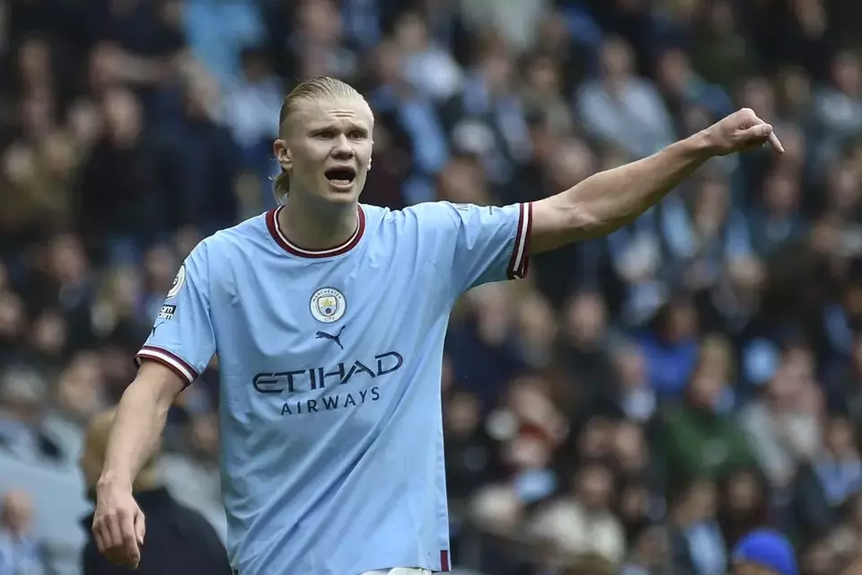 Manchester City's Erling Haaland reacts during the English Premier League soccer match between Manchester City and Leeds United at Etihad Stadium in Manchester, England, Saturday, May 6, 2023. (AP Photo/Rui Vieira)