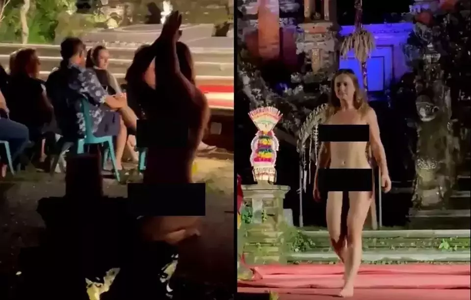 A photo montage from social media posts shows Darja Tuschinski, 28, a tourist with a German passport, appear naked during a traditional Bali dance show at Saraswati Hindu Temple in Ubud, Bali, on May 22. 2023. (Beritasatu)