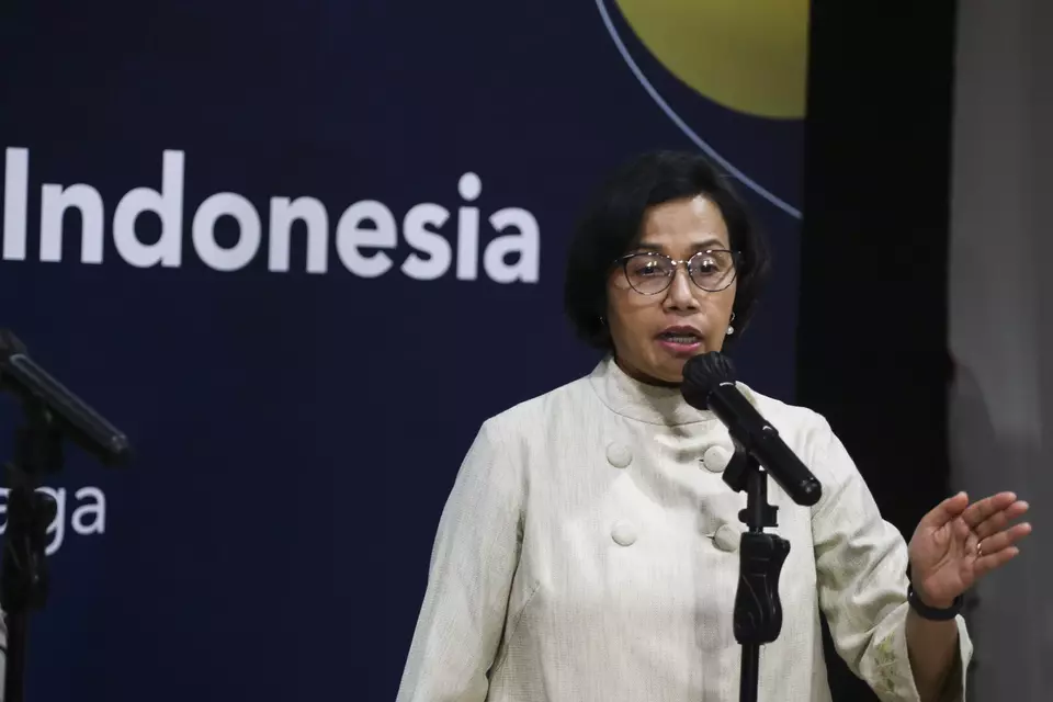 Finance Minister Sri Mulyani speaks at a press conference in Jakarta on June 6, 2023. (Antara Photo/Rivan Awal Lingga)