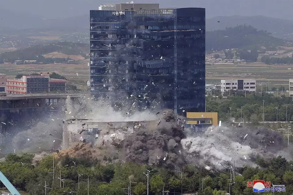 FILE - This photo provided by the North Korean government shows the demolition of an inter-Korean liaison office building in Kaesong, North Korea on June 16, 2020. (Korean Central News Agency/Korea News Service via AP, File)
